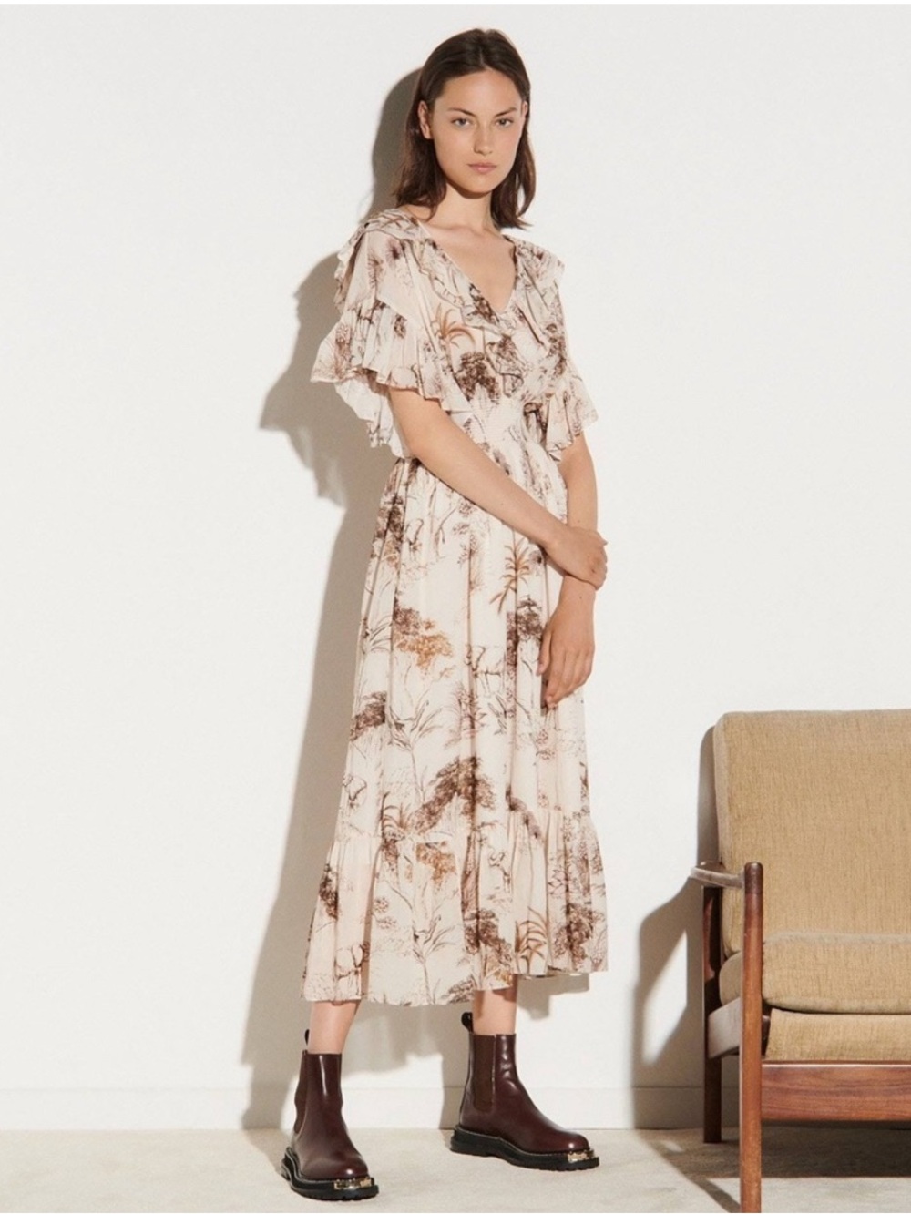 Sandro Paris Natural Marro Ruffled Elephant Tree Print Gauze Midi Dress EU36 /XS